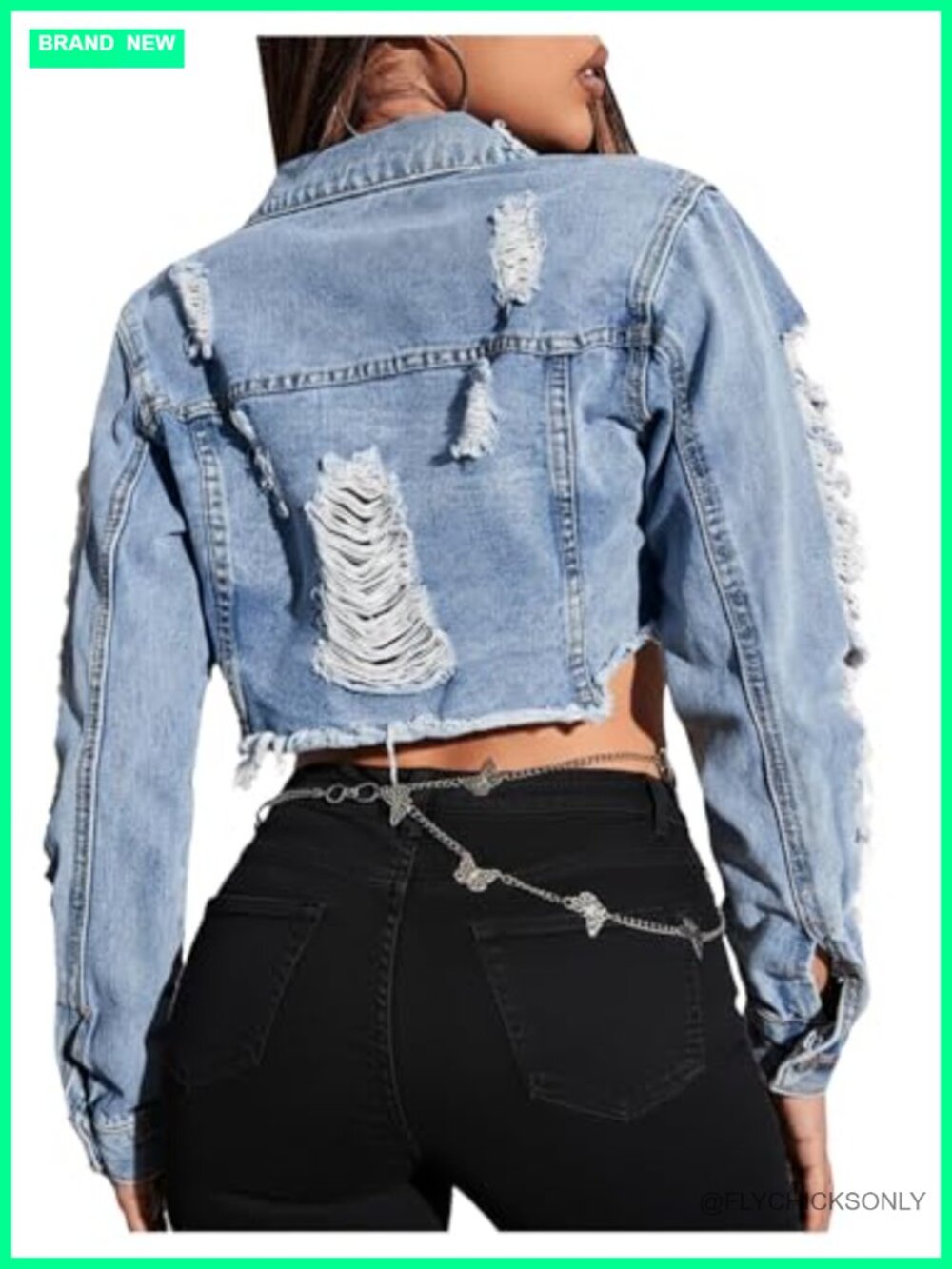 Ripped Raw Hem Cropped Denim Jacket Distressed Long Sleeve Jean Jacket